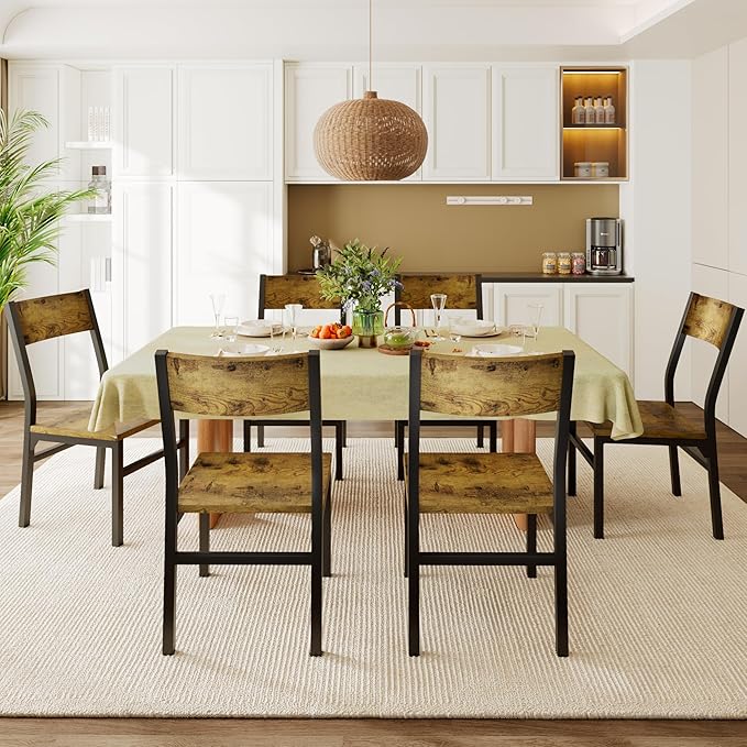 Feonase Dining Chairs Set of 6, Modern Kitchen Chairs with Ergonomic Backrest, MDF Board and Metal Legs, Dinner Chairs for Dining Room, Kitchen and Living Room, Rustic Brown