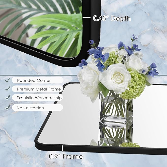 30x30 Inch Rectangle Bathroom Mirror with Black Metal Frame, Rounded Corner Rectangular Vanity Mirror for Wall, Modern Large for Bedroom, Living Room, Horizontal or Vertical
