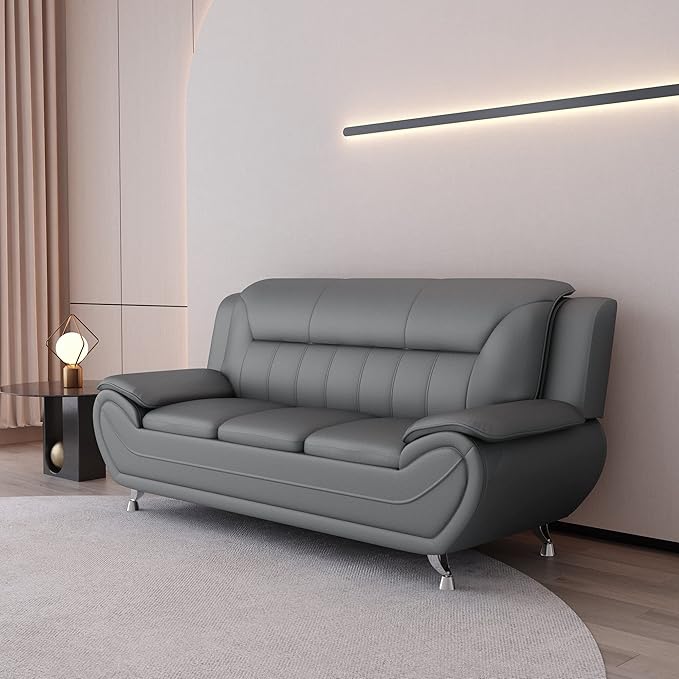 Container Furniture Direct Michael Modern Faux Leather Upholstered Stainless Steel Legs Living Room Sofa, Loveseat, Sleek Gray