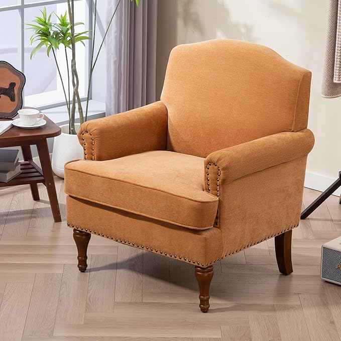Ball & Cast Accent Chair with Nailhead Trim Armchair,Comfy Chenille Club Sofa Living Room Chairs w/Springs Cushions & Wood Legs,Traditional Single Couch for Bedroom,Farmhouse,Orange