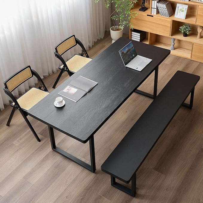 Modern Solid Wood Dining Table with Metal Base Stylish Durable Dining Room Table in Black Multiple Sizes Home Use Office Desk (Bench Black, 78.74in)