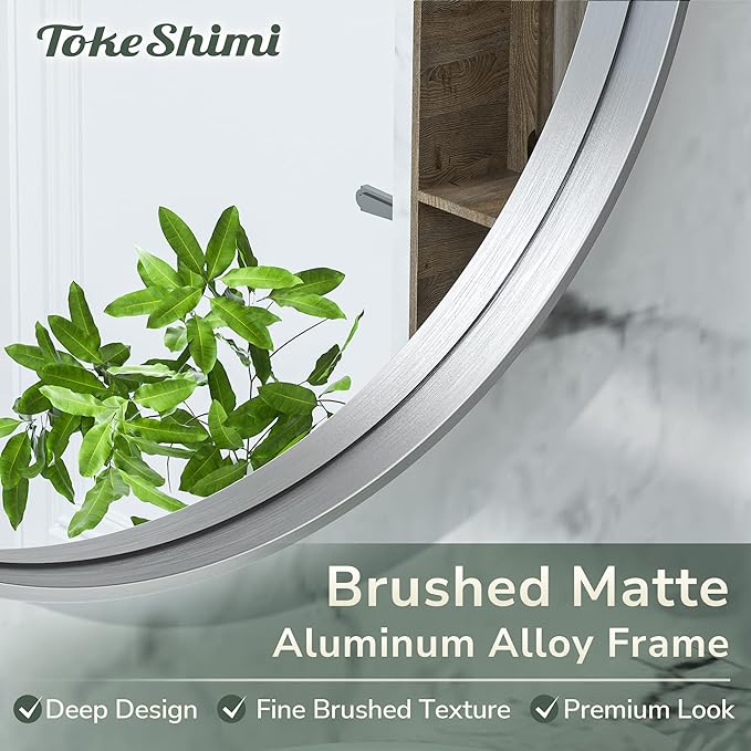 TokeShimi Round Mirror 30 Inch Brushed Silver Round Bathroom Mirror for Wall Non-Rusting Aluminum Alloy Brushed Silver Metal Frame Modern Circle Mirror Fit in Minimalist Multi Style for Decor