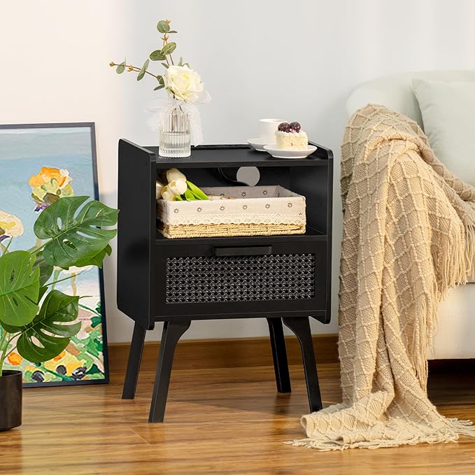 Lerliuo Rattan Nightstands Set of 2 with Charging Station, Boho Side Table with Drawer Open Shelf, Cane Accent Bedside End Table with Solid Wood Legs for Bedroom, Dorm and Small Spaces (Black)