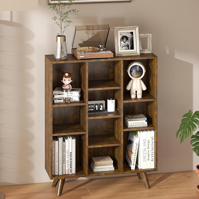 Manora Rustic Brown 10 Cube Mid Century Modern Bookshelf, Wooden Storage Organizer with Open Shelves, Retro Bookcase for Living Room, Bedroom, Home Office