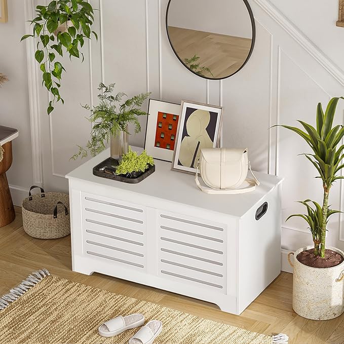 DINZI LVJ Storage Chest, Flip-Top Wooden Toy Box with 2 Safety Hinges, Retro Entryway Shoe Storage Bench, Sturdy Large Storage Trunk for Living Room, Bedroom, Easy Assembly, White
