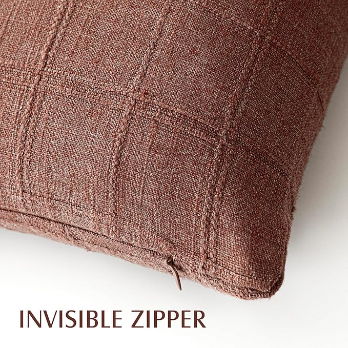 Foindtower Set of 2 Decorative Linen Check Throw Pillow Covers Neutral Farmhouse Vintage Cushion Covers Modern Boho Home Decor for Sofa Chair Couch Bedroom Living Room Outdoor,16×16 Inch,Autumnal Red