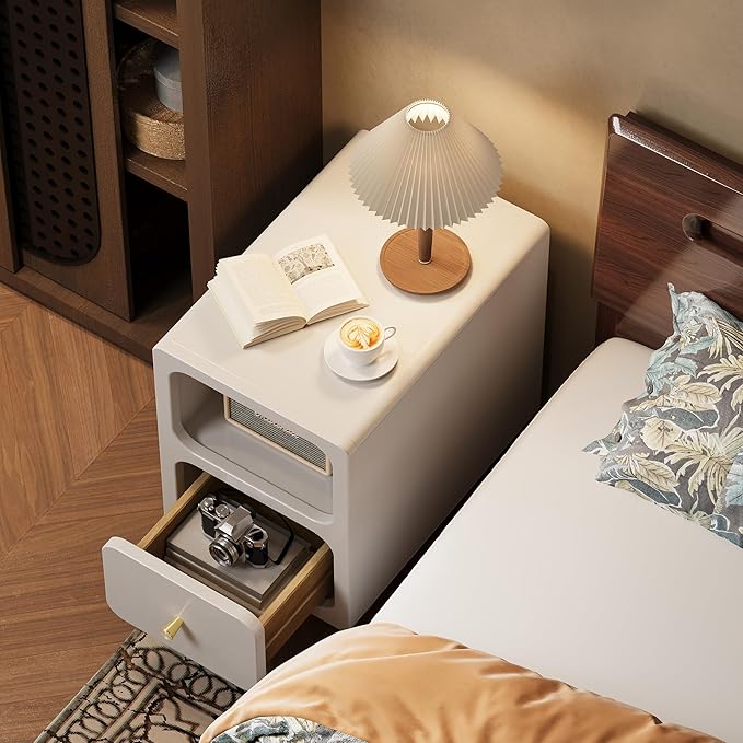 Solid Wood Nightstand, Narrow Night Stand with Drawers, White Mid Century Modern Nightstand, Small Beside Table with Open Storage Shelf for Bedroom (12 inch)