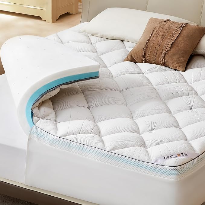 Bedlore 4-Inch King Mattress Topper for Back Pain - Dual Layer Medium Support (2" Gel Memory Foam + 2" Cooling Fluffy Pillow Top Pad), Breathable & Pressure Relief (White)