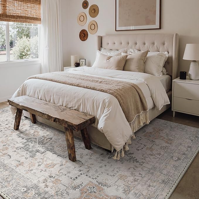 GENIMO 5x8 Area Rugs for Living Room, Machine Washable Low Pile Rugs, Chenille Non Alip Vintage Rug for Bedroom, Dining Room, Home Office, Light Taupe Brown