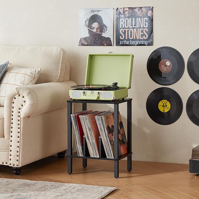 LELELINKY 2-Tier Bamboo Record Player Stand Set of 2 with Vinyl Record Storage up to 100 Albums, Boho Bedroom Record Holder and Multi-Functional End Table for Living Room, Black