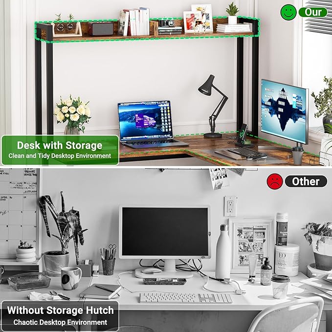 Unikito L Shaped Gaming Desk with LED Strip and Power Outlets, Reversible L-Shaped Computer Desk with Storage Shelves, Corner Desk with Hutch, 2 Person Home Office Desk, Rustic Brown