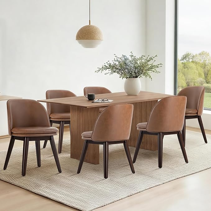 Wooden Dining Chairs Set of 4, Faux Leather Upholstered Modern Dining Room Chairs with Double-Layer Thick Seat Cushion & Ergonomic Backrest for Restaurant, Kitchen and Café, Brown, 2 Boxs