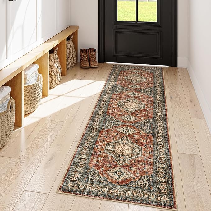 Lahome Oriental Washable Kitchen Runner Rug, 2x6 Carpet Runners for Hallway 6ft Non Skid, Vintage Soft Hallway Rug for Bathroom Bedroom Entryway, Brick Red