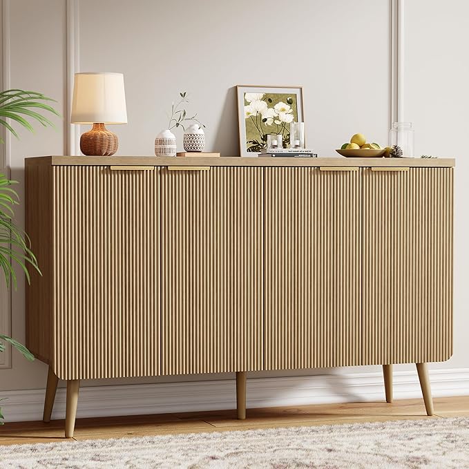 Sideboard Buffet Cabinet with Storage, 4 Doors Wood Entryway Cabinet, Modern Accent Cabinet with Solid Wood Feet & Adjustable Shelves, Multifunctional Console Table for Living Room, Kitchen, Hallway