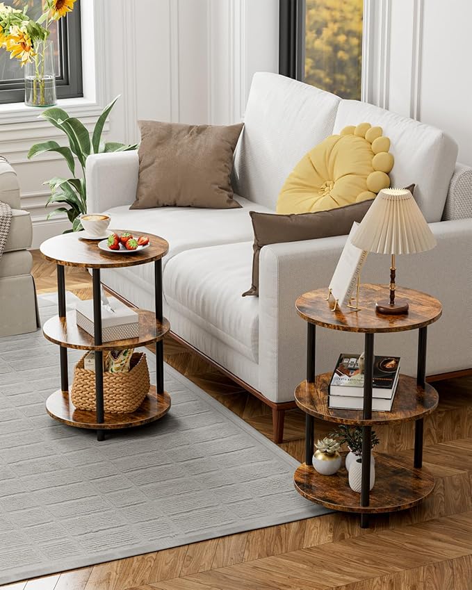 Small Round End Table - 3 Tier Design Accent Table, Narrow Side or Bedside Stand, Industrial Vintage Nightstand for Bedroom, Living Room, or Small Spaces, Rustic Brown