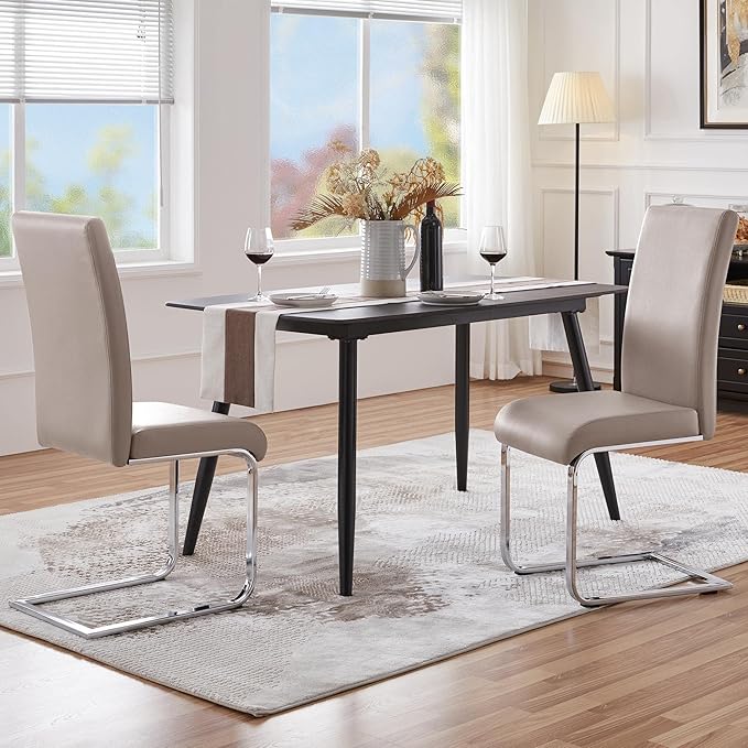 Yaheetech Dining Chairs Set of 2 Modern Faux Leather Upholstered Dining Room Chairs with High Back and Metal Chrome Legs for Kitchen/Living Room/Restaurant, Light Brown