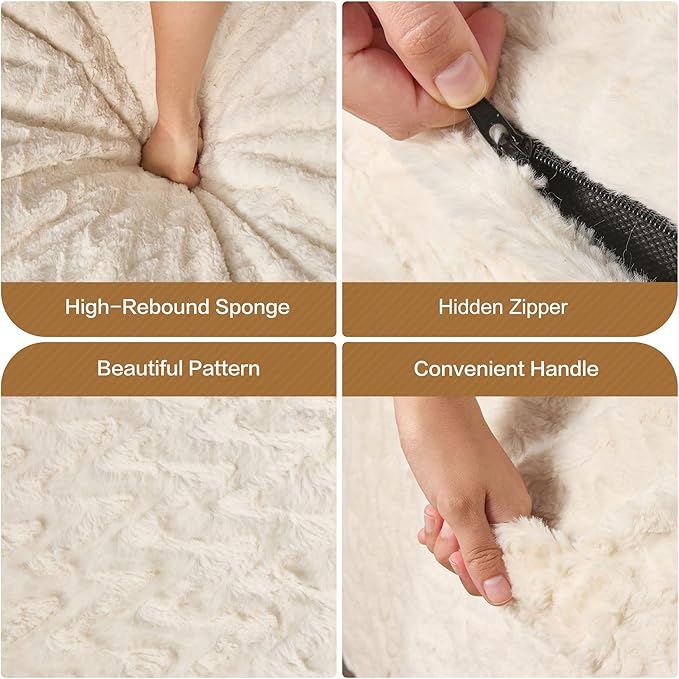 Hobestluk 5ft Bean Bag Chairs for Adults Large Beanbag Chair with Chevron Plush Fur Cover Big Bean Bag Chair for Living Room Bedroom Dorm Office - White (50” x 50” x 24”)