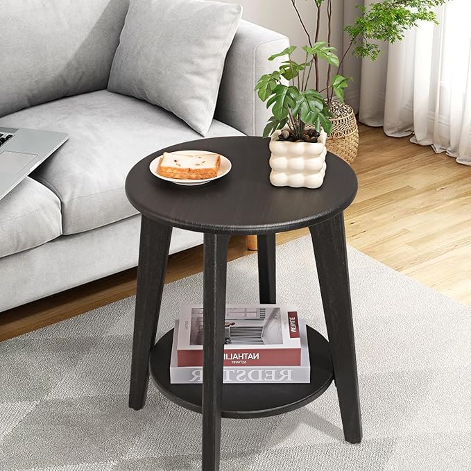 Round Side Table Black Gold Wooden End Table with Lower Shelf Rustic Vintage Nightstand Beside Table for Living Room Bedroom Small Spaces