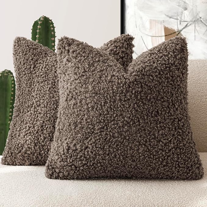 Foindtower 2 Pieces 26x26 Inch Chocolate, Faux Fur Throw Pillow Cover Accent Sherpa Pillow Fuzzy Soft Pillowcases Sheepskin Decorative Fleece Cushion Case for Bed Couch Living Room