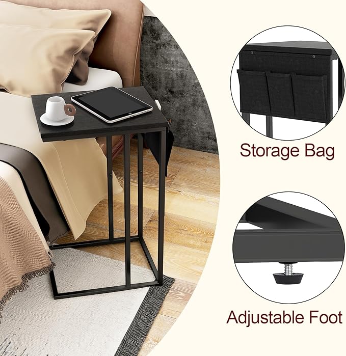 C Shaped End Table Set of 2, Side Table for Living Room, Couch Tables That Slide Under, TV Tray Snack Table for Sofa, Black