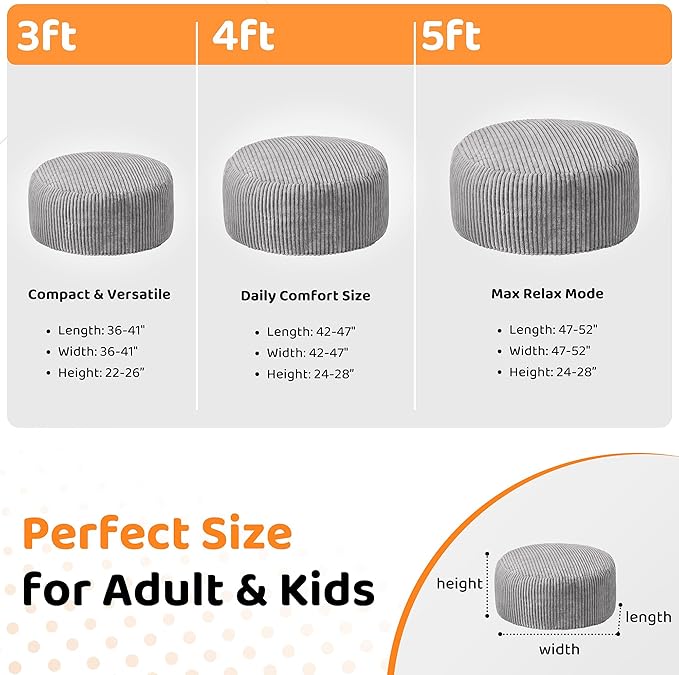 HABUTWAY 4FT Bean Bag Chair, 4' Large Bean Bag Chairs for Adults with Removable Stripe Plush Cover, Memory Foam Beanbag Chair for Living Room Bedroom Dorm (Grey)