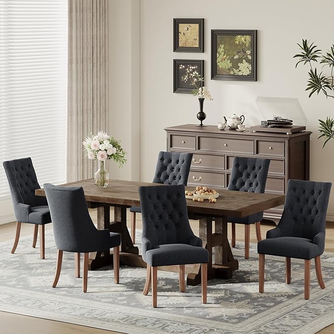 COLAMY Wingback Upholstered Side Dining Room Chairs Set of 6, Fabric Dining Chairs with Tufted Button, Living Room Chairs for Home Kitchen, Black