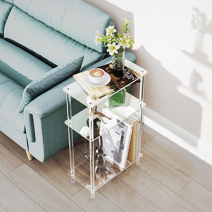 Clear Acrylic Narrow Side Table Set of 2 for Small Spaces, 15.75" L x 7.87" W x 24.6" H, 3 Tier Rectangle Slim End Table Nightstand, Small Bedside Table for Bedroom, Bathroom, Living Room