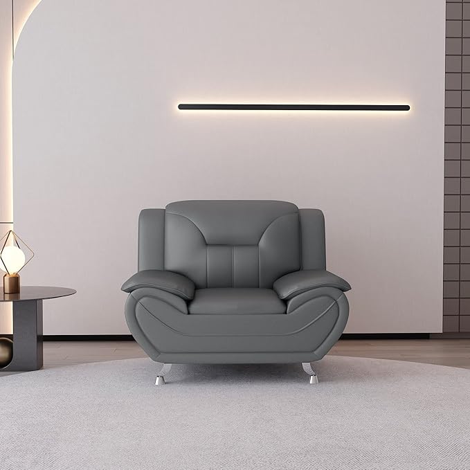 Container Furniture Direct Michael Modern Faux Leather Upholstered Stainless Steel Legs Living Room Sofa, Loveseat, Gray