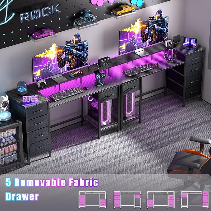 55 Inch Computer Gaming Desk with Power Outlets LED Lights, Reversible Home Office with Adjustable Fabric Storage Drawers for Working Writing Study,Carbon Fiber Black