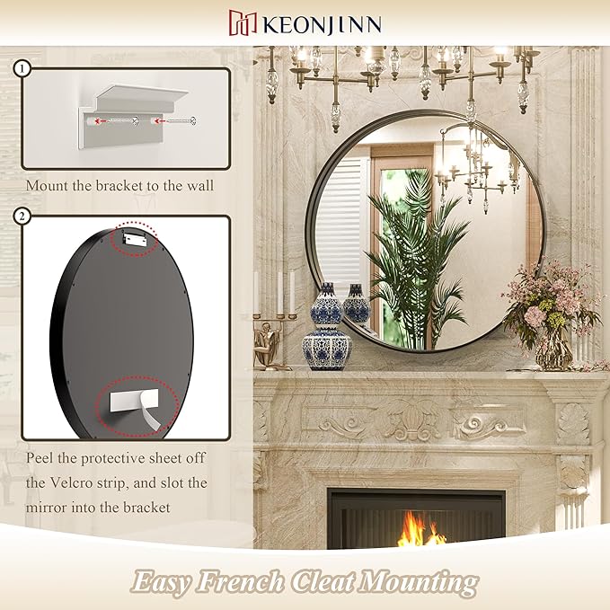 Keonjinn Black Round Mirror 24 Inch, Brushed Black Framed Circle Mirror for Bathroom, Aluminum Alloy Metal Frame, Modern Farmhouse Decorative Wall Mirror for Entryway, Living Room