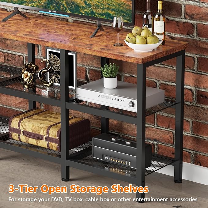 Furologee TV Stand, Small Media Console Table with 3-Tier Storage Shelves, Industrial Entertainment Center for TVs up to 50 Inch, Television Stands for Living Room, Bedroom, Rustic Brown