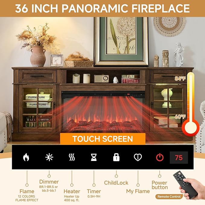 ROCKPOINT 3 Sided Glass 80" Fireplace TV Stand for TVs up to 90",Entertainment Center with Drawers and Glass Door Storage Cabinet for Living Room,36"Electric Fireplace & Adjustable LED Light ,Espresso