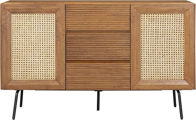 NTC MOSSIC Sideboard with 2 Doors and 3 Drawers, Buffet Cabinet with Natural Rattan and Metal Legs, Modern Storage Cabinet for Living Room, and Hallway, Effortless Assembly, Teak Look
