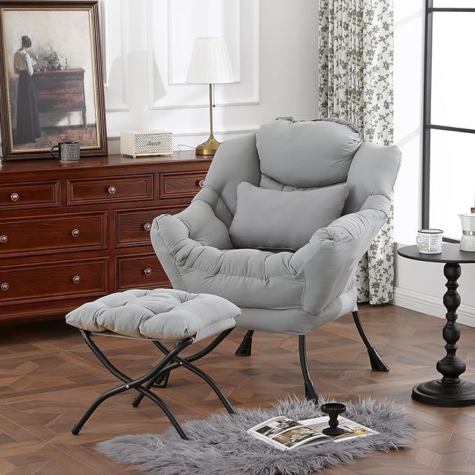 Lazy Chair with Ottoman, Modern Accent Chair with Lumbar Pillow, Comfy Chairs with Folding Footrest for Bedroom, Reading, Oversized Supportive Lounge Chairs(Grey)