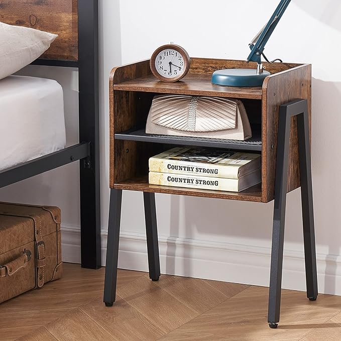 VECELO Nightstand Set of 2,Industrial Side End Table/Stackable Accent Furniture with 2-Tier Open Storage Compartments for Bedroom, Living Room and Small Spaces
