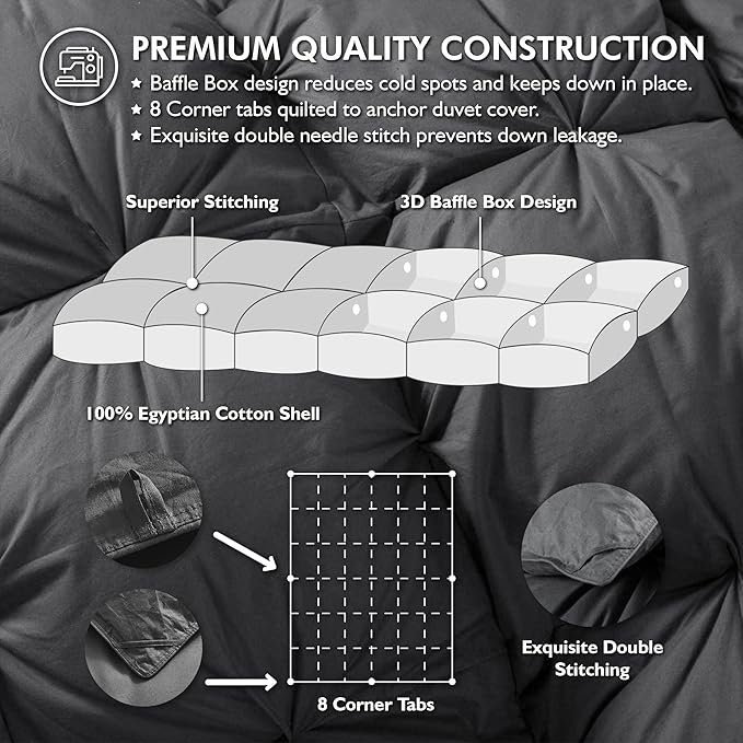 Luxurious All-Season Goose Down Feather Fiber Comforter Oversize Queen Duvet Insert (98x98), Exquisite Pinch Pleat Design- Gray, Premium Baffle Box, 100% Egyptian Cotton Cover, 70 oz. Fill Weight