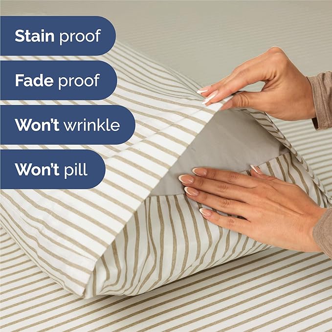 Split King Size 5 Piece Sheet Set - Comfy Breathable & Cooling Bed Sheets Set - Hotel Luxury Bedding for Women, Men, Kids, Teens, Boys & Girls - Deep Pockets, Soft and Wrinkle Free - Beige Stripes 2