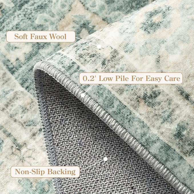 LIVEBOX Washable Area Rug 6x9 Rugs for Living Room Dining Room Under Table, Non-Slip Boho Indoor Carpet for Bedroom, Low-Pile Farmhouse Soft Carpets for Nursery Playroom, Sage Green