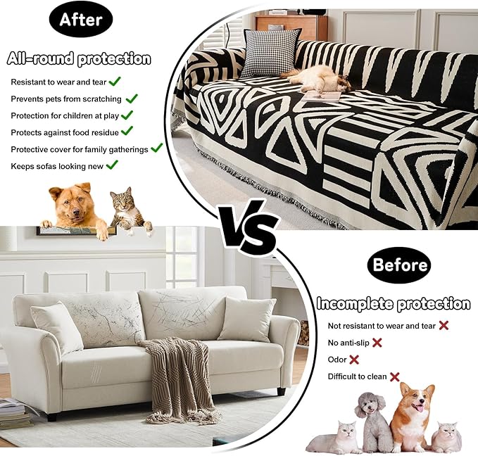 HANDONTIME Armchair Boho Sofa Covers for Dogs - Black & Beige Chenille Slipcovers for Chair, Recliner & Sectional Couch - Pets Protector - 71" x 71"