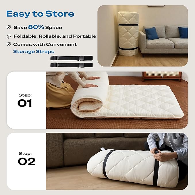 Japanese Floor Mattress, Roll Up Tatami Mat, Sleeping Pad, Shikibuton, CertiPUR-US Certified Foam Floor Bed Futon Mattress for Sleeping, Dormitory, Guest Bed, Designed in Japan(Twin)