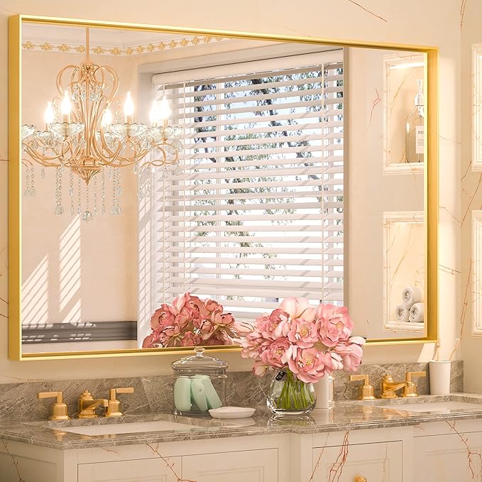 Keonjinn Gold Bathroom Mirror 40 x 30 Inch, Brushed Gold Mirror for Over Sink, Aluminum Alloy Framed, Square Corner, Modern Farmhouse, Large Rectangular Vanity Mirror for Wall(Horizontal/Vertical)