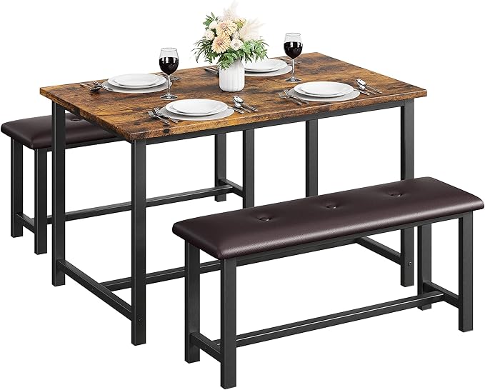 Dining Table Set for 4, Kitchen Table with 2 Upholstered Benches, 3-Piece Dining Room Set for Kitchen, Apartment and Small Spaces, Brown