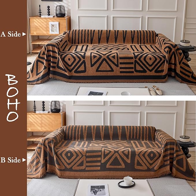 HANDONTIME Boho Geometric Couch Covers for Sofa Pet Friendly Brown and Black Sofa Covers Washable Chenille Couch Blanket Cover for 1 2 Cushion Couches Pet Protector Furniture Cover Soft, 71" X 102"