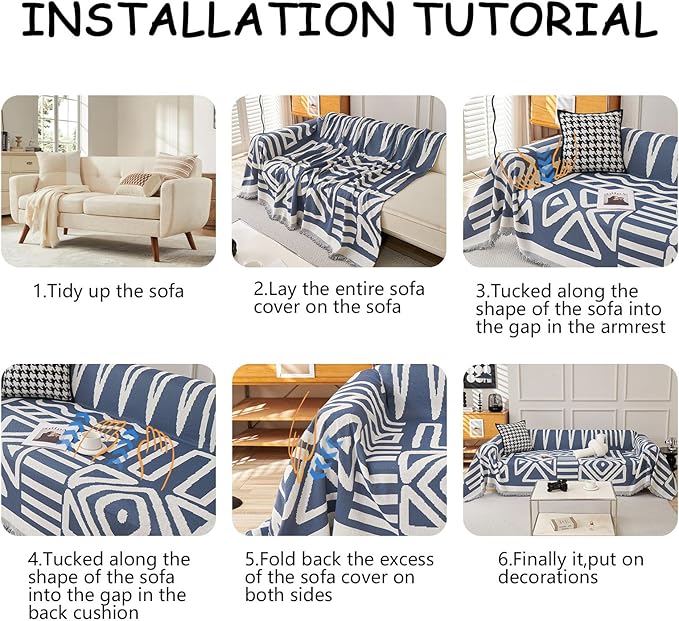 HANDONTIME Boho Couch Covers for Sofa Chenille Sofa Covers Washable Sectional Sofa Cover Blanket Geometric Reversible Couch Cover for L Shaped Couch Couch Protector for Dogs, 71" X118", Denim Blue