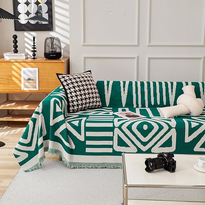 HANDONTIME Couch Cover Boho Sofa Covers Washable Forest Green Dog Covers for Couches Reversible Couch Blanket Cover Geometric L Shaped Couch Covers for 2 3 Couch Cushion Cover Dark Green, 71" X118"