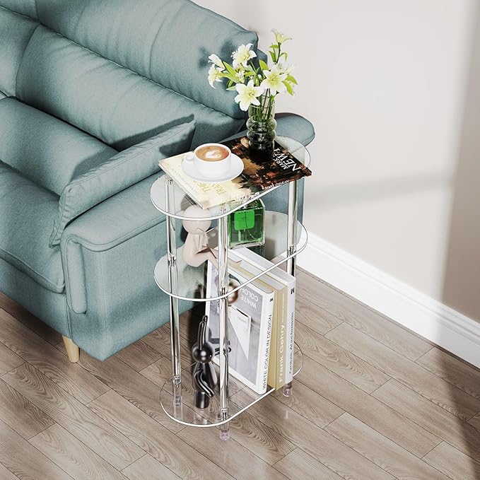 Clear Acrylic Narrow Side Table Set of 2 for Small Spaces, 15.75" L x 7.87" W x 24.6" H, 3 Tier Oval Slim End Table Nightstand, Small Skinny Bedside Table for Bedroom, Bathroom, Living Room