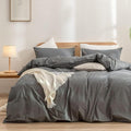 BESTOUCH Duvet Cover Set 100% Washed Cotton Linen Feel Super Soft Comfortable Chic Lightweight 3 PCs Home Bedding Set Solid Dark Grey Oversized Full