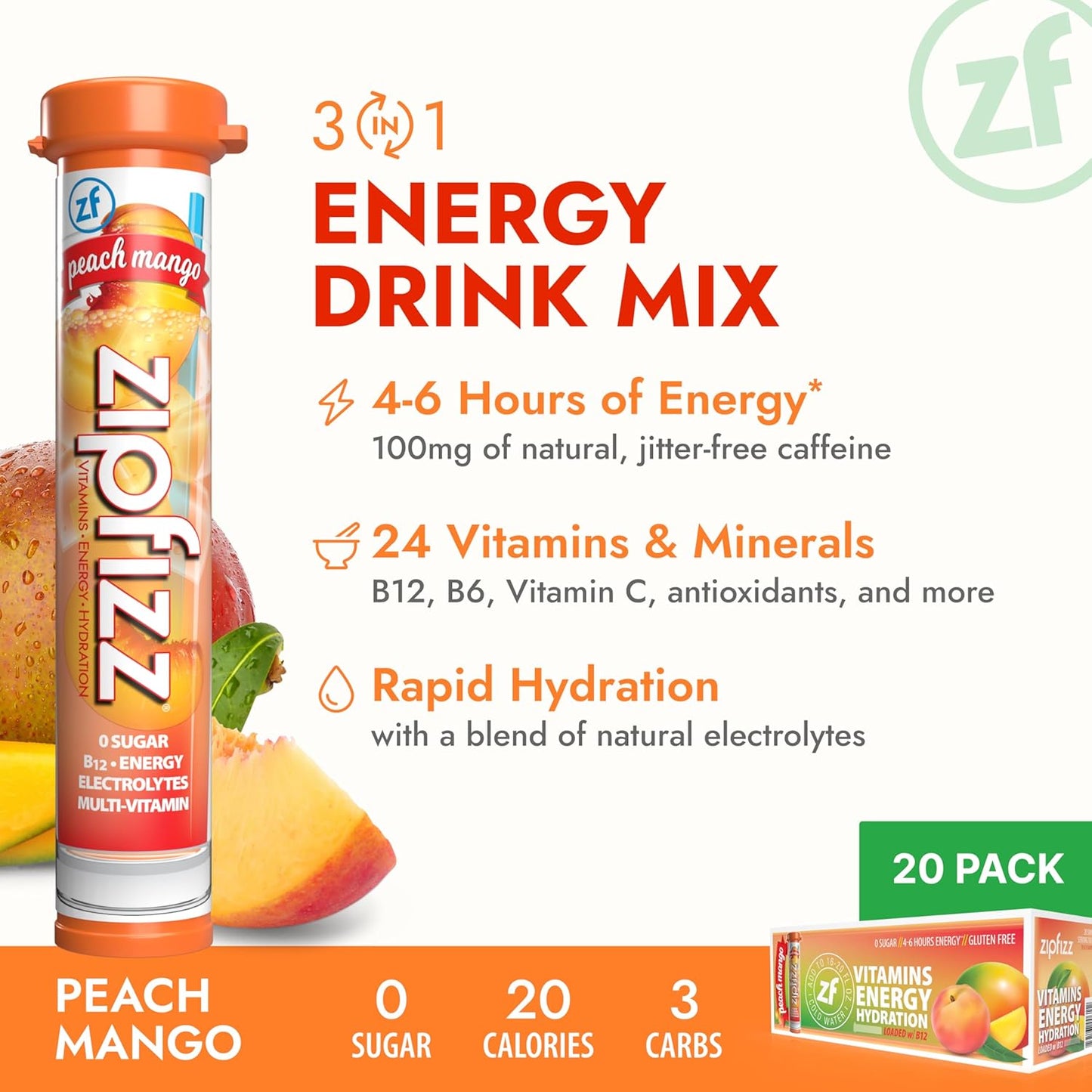 Zipfizz Daily Energy Drink Powder, Peach Mango, 20 Pack | 3-in-1 Sustained Energy, Rapid Hydration, and Essential Vitamins | Sugar-Free | Electrolyte Powder | Contains Vitamin B-12 & Antioxidants