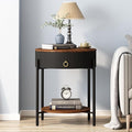 OIOG Modern Side Table with Drawer, Industrial 2 Tier End Table with Shelf, Wood Grain Nightstand with Storage for Living Room, Bedroom, Office, Dorm, Black