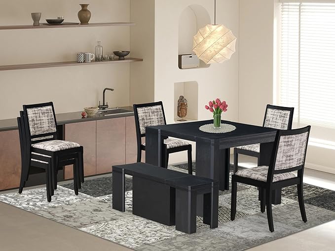 X12X2-006-30 - 13-piece Dining Room Table Set a Rectangular Kitchen Table and 12 Wire Brushed Black Polyester Fabric Stackable Chair, 39x120 Inch, Wire Brushed Black